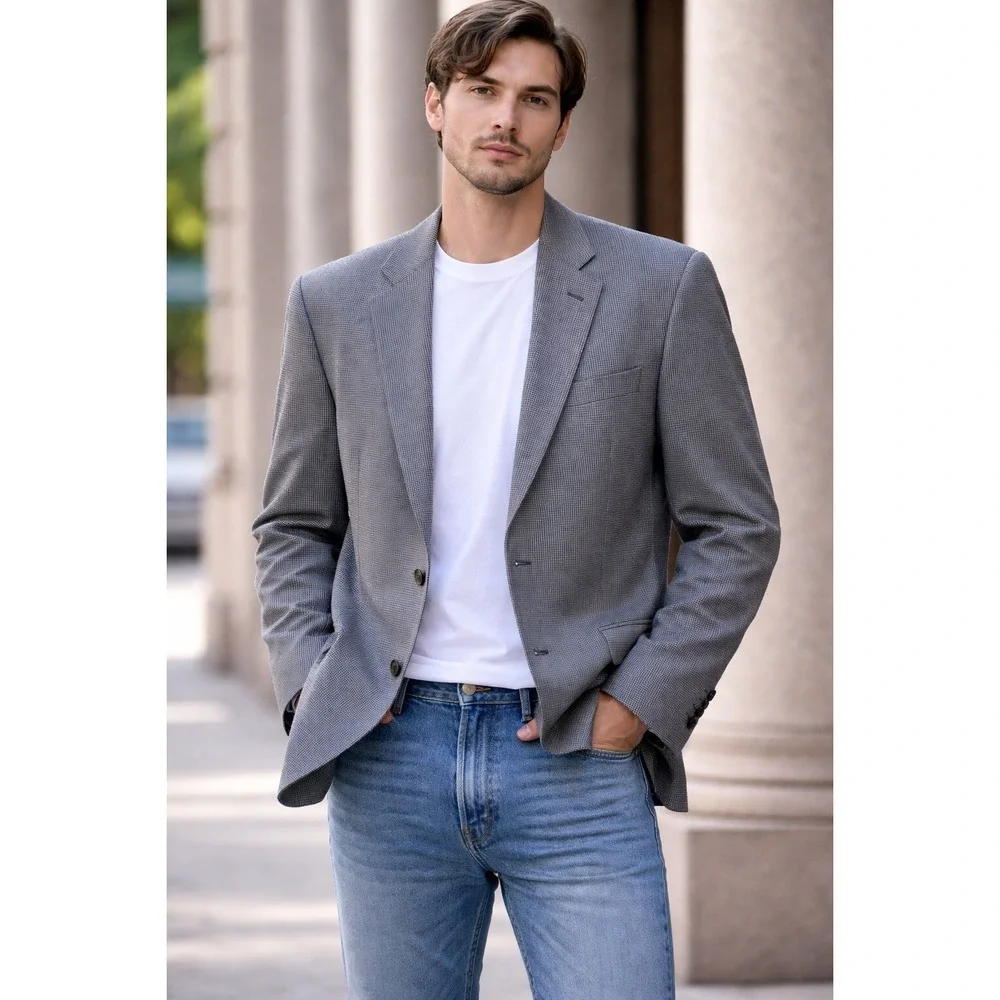 Ralph Lauren Wool Blazer 42L Houndstooth Gray Sport Coat Old Money Academia